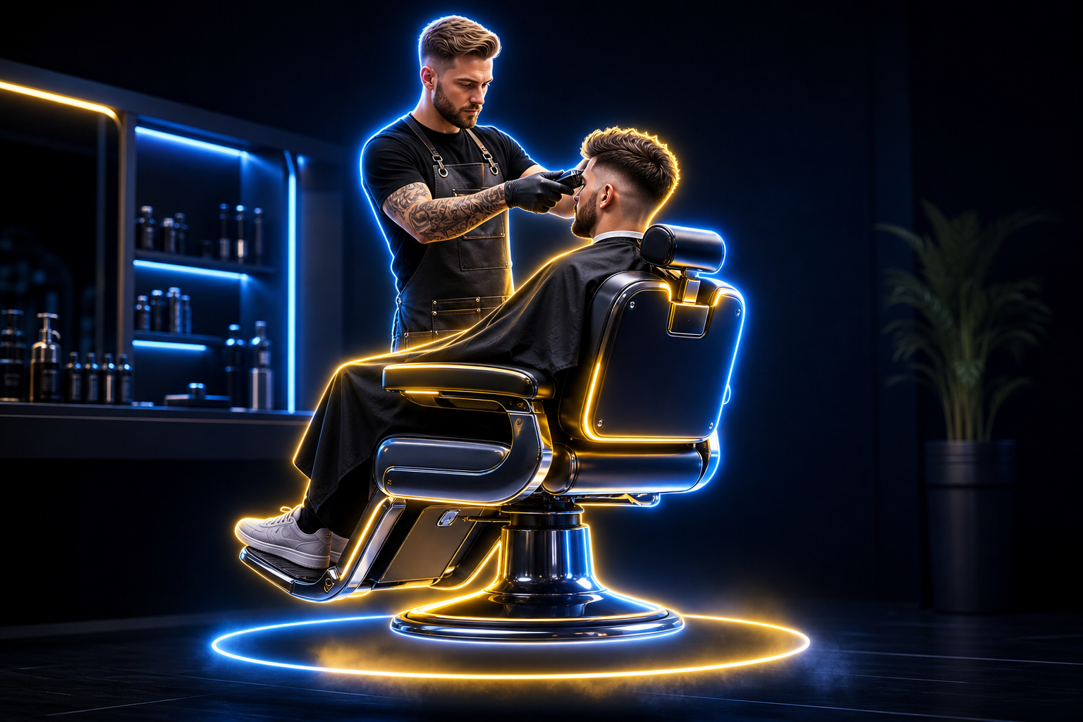 3D barber cutting a client's hair in a modern highlighted barber chair