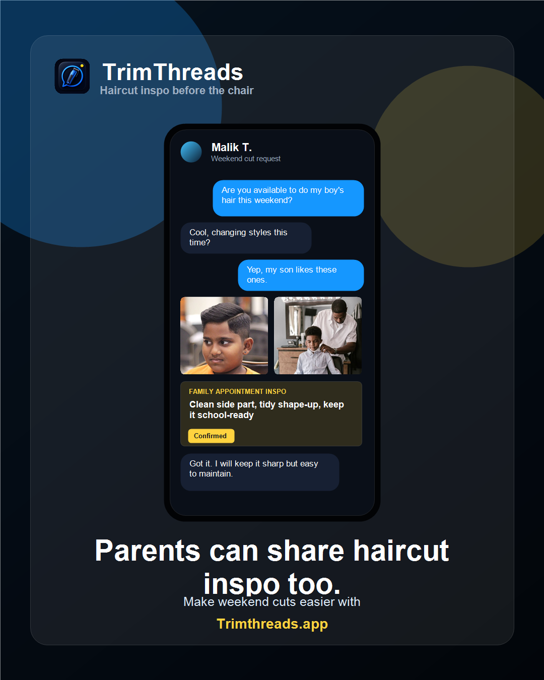 TrimThreads family haircut chat mockup